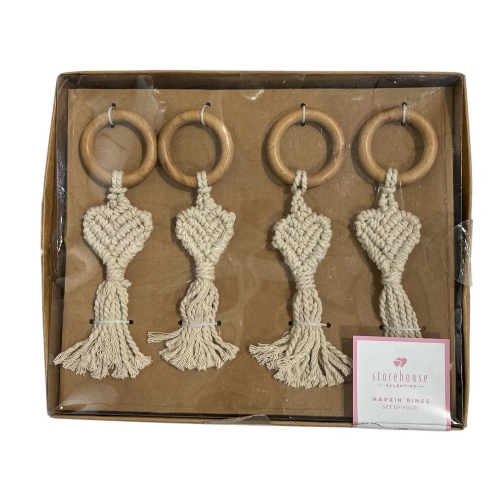 Storehouse Napkin Ring Set Heart Shaped Macrame Yarn & Wood Boho Hippie Love